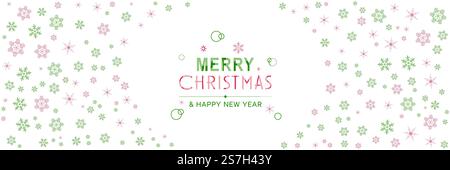 Merry Christmas and New Year 2022 poster. Xmas minimal banner with snowflakes pattern frame and text on white background. Horizontal website header. Vector illustration for greeting card design Stock Vector