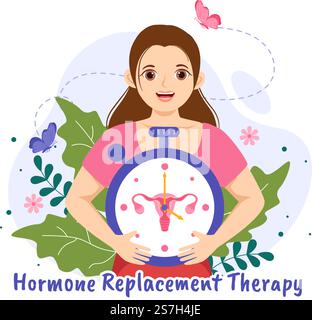 HRT or Hormone Replacement Therapy Acronym Vector Illustration with Treatment and Hormone Medication in Healthcare Cartoon Hand Drawn Templates Stock Vector