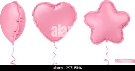Inflatable foil balloons. Star, heart. Holiday decorations 3d realistic vector object set Stock Vector