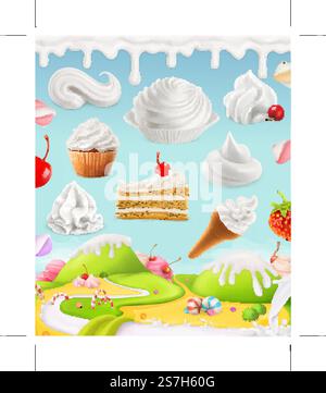 Whipped cream, milk, cream, ice cream, cake, cupcake, candy, mesh illustration Stock Vector