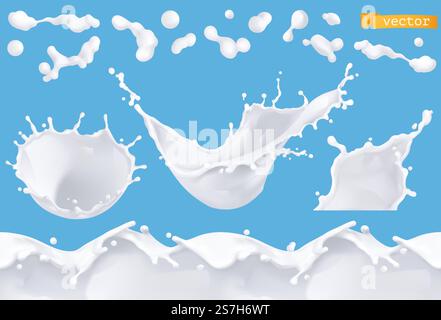 Milk splash, drop and seamless pattern. 3d realistic vector set Stock Vector