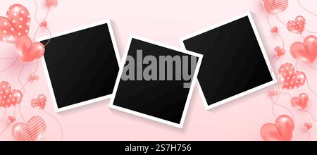 Empty black photo frames set with love air many sweet hearts shape on pink background.. Photo frames set with love air many sweet hearts shape on pink background. Promotion and shopping template Stock Vector