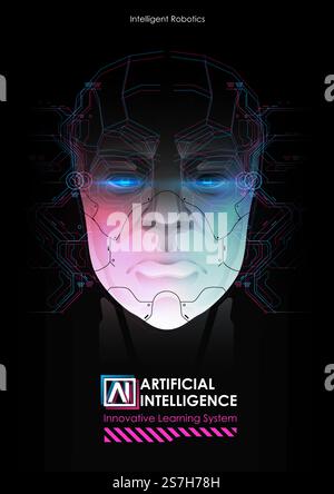 Robot with artificial intelligence working with virtual interface. Big data. AI concept. Robot face. Cyber mind. Technology background concept. Stock Vector