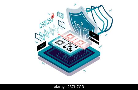Data protection when scanning QR code. Safe passage through QR code.. Data protection when scanning QR code. Safe passage through QR code. Data visualization concept. 3d isometric vector illustration. Stock Vector
