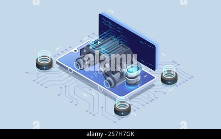 Web engine, programming tools. Software development. Technology visualization. Vector isometric illustration. Stock Vector