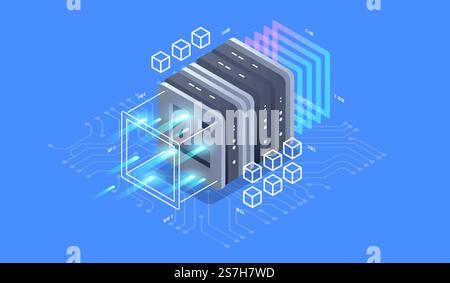 Isometric design concept virtual reality and augmented reality. software development and programming. Computation of big data center, quantum computer isometric vector technology Stock Vector