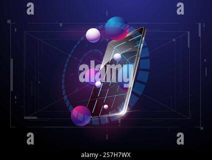 Device UI/UX mockup for presentation template. Modern Smartphone poster with futuristic HUD elements. Design and development, AR, VR, social marketing, web technology. Stock Vector