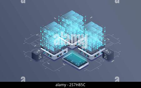 Technology isometric infographic design for quantum computer. Blockchain server concept, server room, database, information storage. Creative isometric concept. Stock Vector