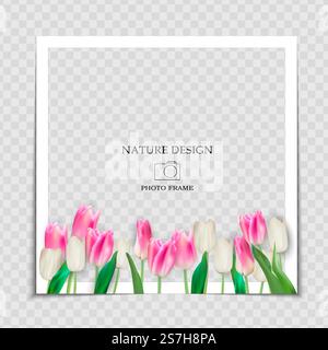 Natural Background Photo Frame Template with spring Tulips Flowers for post in Social Network. Vector Illustration. Natural Background Photo Frame Template with Palm leaves for post in Social Network. Vector Illustration EPS10 Stock Vector