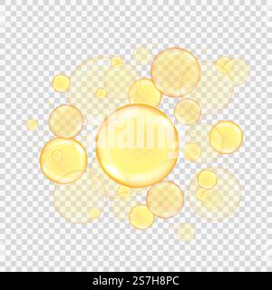 Oil golden bubbles isolated on transparent background. Realistic gold collagen balls. Oily vitamin serum droplets. Cosmetic essential beauty drink. Vector illustration of olive blend emulsion.. Oil golden bubbles isolated on transparent background. Realistic gold collagen balls. Oily vitamin serum droplets. Cosmetic essential beauty drink. Vector illustration of olive blend emulsion Stock Vector