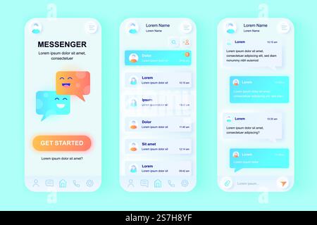 Online messenger unique neomorphic design kit. Social network texting service with user profile contacts and chat screens. UI UX templates set. Vector illustration of GUI for responsive mobile app. Stock Vector