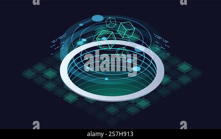Technology isometric infographic design for quantum computer. Blockchain server concept, server room, database, information storage. Creative isometric concept. Stock Vector