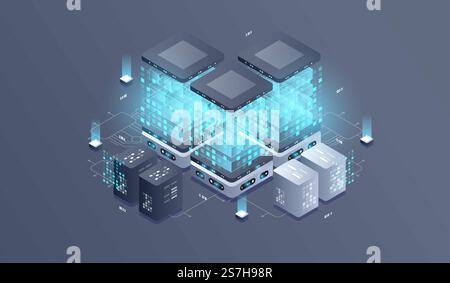 Technology isometric infographic design for quantum computer. Blockchain server concept, server room, database, information storage. Creative isometric concept. Stock Vector