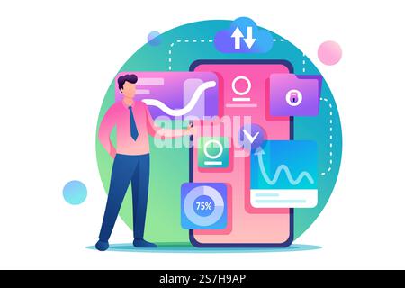 Young entrepreneur works with data on the smartphone screen. View data for analysis. Flat 2D character. Concept for web design.. Young entrepreneur works with data on the smartphone screen. View data for analysis. Flat 2D character. Concept for web design Stock Vector