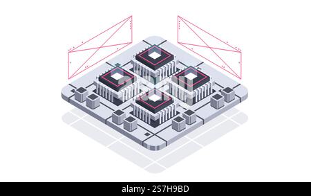Technology isometric infographic design for quantum computer, artificial intelligence, Concept of big data. Digital information technologies. Stock Vector