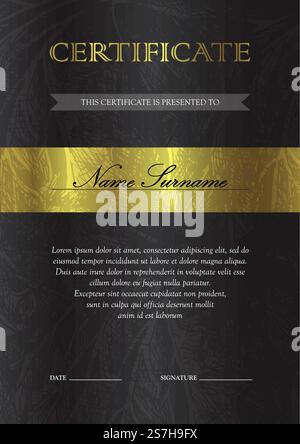 Vertical gold certificate and diploma template with vintage, floral ...