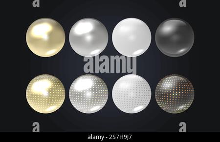 Realistic transparent spheres or balls in different shades of metallic gold and silver color. Glossy 3d ball or precious pearl. Stock Vector