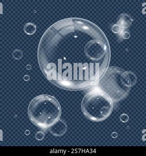 White underwater bubble isolated on transparent background. Realistic vector illustration of air or soap water bubbles with reflections. Concept of ecologyprotection , save planet or environment care.. White underwater bubble isolated on transparent background. Realistic vector illustration of air or soap water bubbles with reflections. Concept of ecologyprotection , save planet or environment care Stock Vector