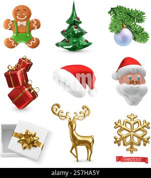 Christmas 3d realistic vector icon set. Gingerbread cookie, Christmas tree, gifts boxes, Santa Claus, golden deer, snowflake Stock Vector