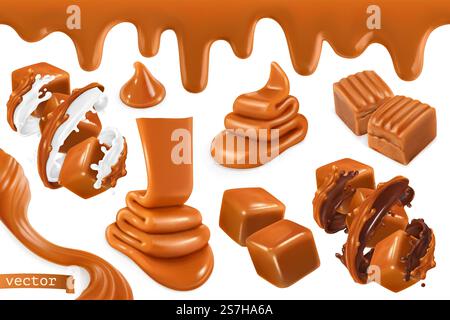 Sweet caramel, set realistic 3d vector illustration Stock Vector