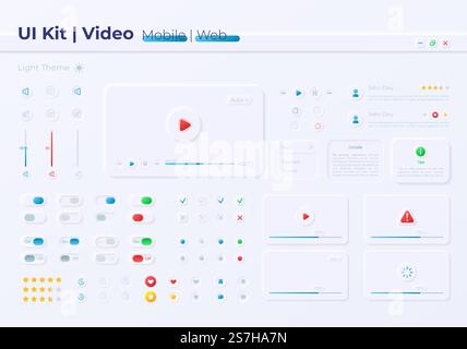 Multimedia options UI elements kit. Video player settings isolated vector icon, bar and dashboard template. Web design widget collection for mobile application with light theme interface. Multimedia options UI elements kit Stock Vector