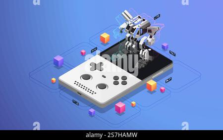 Mobile gaming. Big robot on pocket console screen. AR concept for mobile development. Modern isometric illustration. Stock Vector