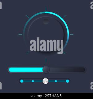 Neumorph UI kit with Volume Knob and slider. Dark color set. Workflow graphic elements in Skeuomorph Trend Design. Circular Elements for smart technology applications. Vector illustration. Stock Vector