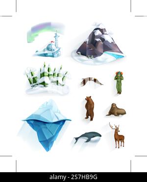 Polar nature, winter wonderland, low poly style icon set Stock Vector