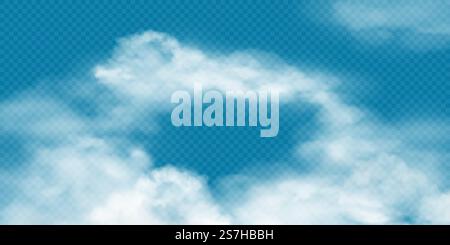 Realistic white cumulus clouds on transparent background. Vector illustration of 3d smoke or fog. Natural mist design element with empty space, cloud blanket effect over cityscape.. Realistic white cumulus clouds on transparent background. Vector illustration of 3d smoke or fog. Natural mist design element with empty space, cloud blanket effect over cityscape Stock Vector