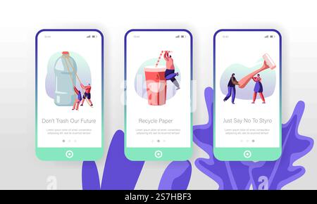People Characters Using Plastic Things Concept for Website or Web Page. Water Bottle, Drink Cup, Shaving Machine, Products Consuming Mobile App Page Onboard Screen Set Cartoon Flat Vector Illustration Stock Vector