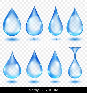 Set of translucent water drops in blue colors in various shapes, isolated on transparent background. Transparency only in vector format Stock Vector