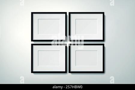 Blank picture frames collection hanging on the wall in orderly way, 3d illustration realistic style. Orderly picture frames collection Stock Vector
