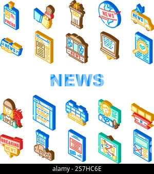 news media screen business icons set vector. digital online, information technology, breaking tv, press world, internet daily news media screen business isometric sign illustrations. news media screen business icons set vector Stock Vector
