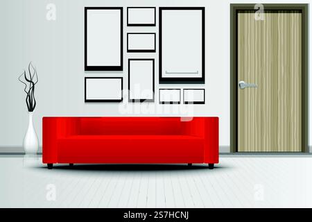 Realistic of modern interior living room and decorative furniture., Luxury red couch, Photos frame, Ceramic vase in empty room., Vector 3D creative design, Illustration. Stock Vector