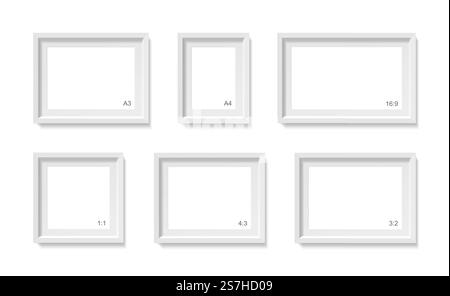 Empty picture frames mockup. Different sizes, formats set (a4, a3, 1:1, 3:2, 4:3 and 16:9) Photo container template. 3d illustration isolated on white wall. Blank space for paper poster. Vector object. Empty picture frames mockup. Photo container template. 3d illustration isolated on white wall. Blank space for paper poster. Vector objects set Stock Vector