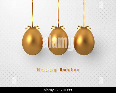 3d metallic golden eggs hanging foil bow on white spotted background. Decorative Easter concept. Vector illustration.. 3d metallic golden eggs hanging foil bow. Stock Vector
