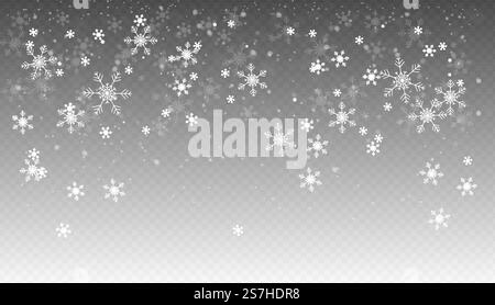 Vector snowfall, seamless realistic falling snow, snowflakes in different shapes and forms, winter weather, Christmas background. Stock Vector