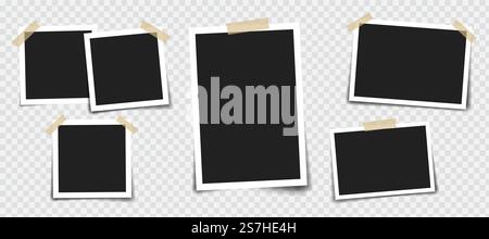 Photo frame with adhesive tape of different colors and paper clip. Photo realistic vector makeup of different size on transparent background.. Photo frame with adhesive tape of different colors and paper clip. Photo realistic vector makeup of different size on transparent background Stock Vector
