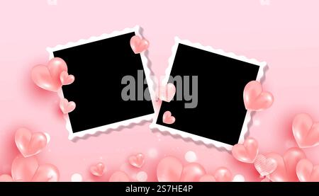 Empty black photo frames set with love air many sweet hearts shape on pink background. Stock Vector