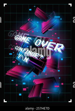 Word Game over in geometric shapes background. Message on the video game screen. For games, banner, web pages. Stock Vector