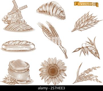 Mill, bread and wheat. Old style. Engraving vector icon set Stock Vector