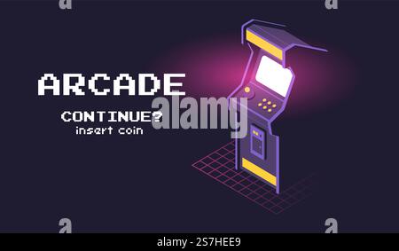 Isometric illustration of Arcade game machine. Retro gaming, Game of 80s-90s. Technology and entertainment concept. Advertisement design. Stock Vector