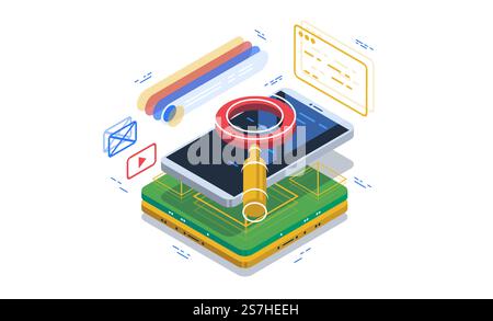 Data visualization concept. 3d isometric vector illustration.. Safe search through a browser in a smartphone. Search system. Data visualization concept. 3d isometric vector illustration. Stock Vector