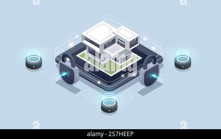 Isometric Smart home technology interface on smartphone app screen with augmented reality AR view. Smart home. Concept of house technology system with wireless centralized control. Stock Vector