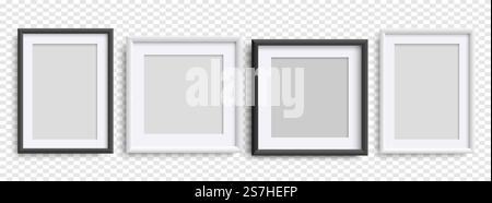 Photo Frames isolated, realistic black, white frames mockup, vector set . Empty vertical picture frame, A4,  square frames. Vector template for picture, painting, poster, lettering or photo gallery Stock Vector
