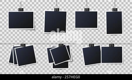 Photos on clips. Vintage photo frame, framed photograph and frames on pins template. Empty instant camera snapshot, vintage photography image isolated vector illustration. Photos on clips. Vintage photo frame, framed photograph and frames on pins template vector illustration Stock Vector