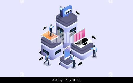 Server room with modern devices, datacenter and cloud storage concept. Modern isometric illustration. Stock Vector