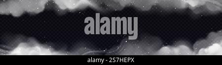 Smoke frame, horizontal border with white smog clouds and particles isolated on transparent background, heavy thick dust steam with motes and ashes, magic haze or vapour Realistic 3d vector mockup. Smoke frame, horizontal border, white smog clouds Stock Vector