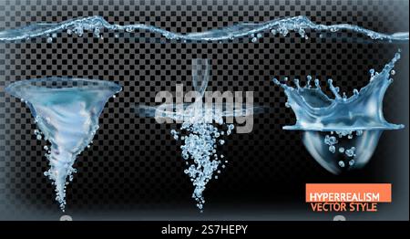 Water tornado with transparency, hyperrealism vector set Stock Vector