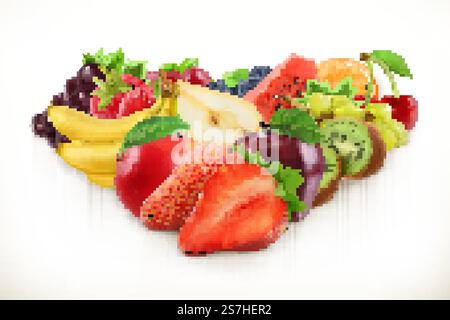 Strawberry and juicy fruits, vector illustration isolated on white Stock Vector